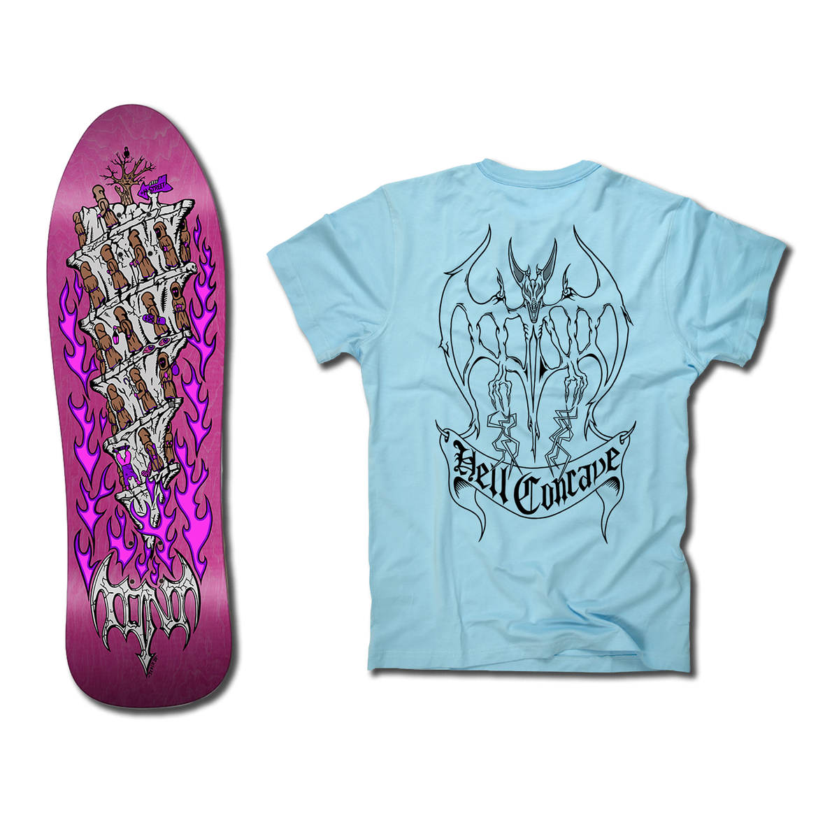 The bottom of a Tony Mag Hell Concave deck with an illustrated bottom in pink and white. The blue t-shirt next to it has an illustrated black outline demon and Hell Concave lettering on the back.