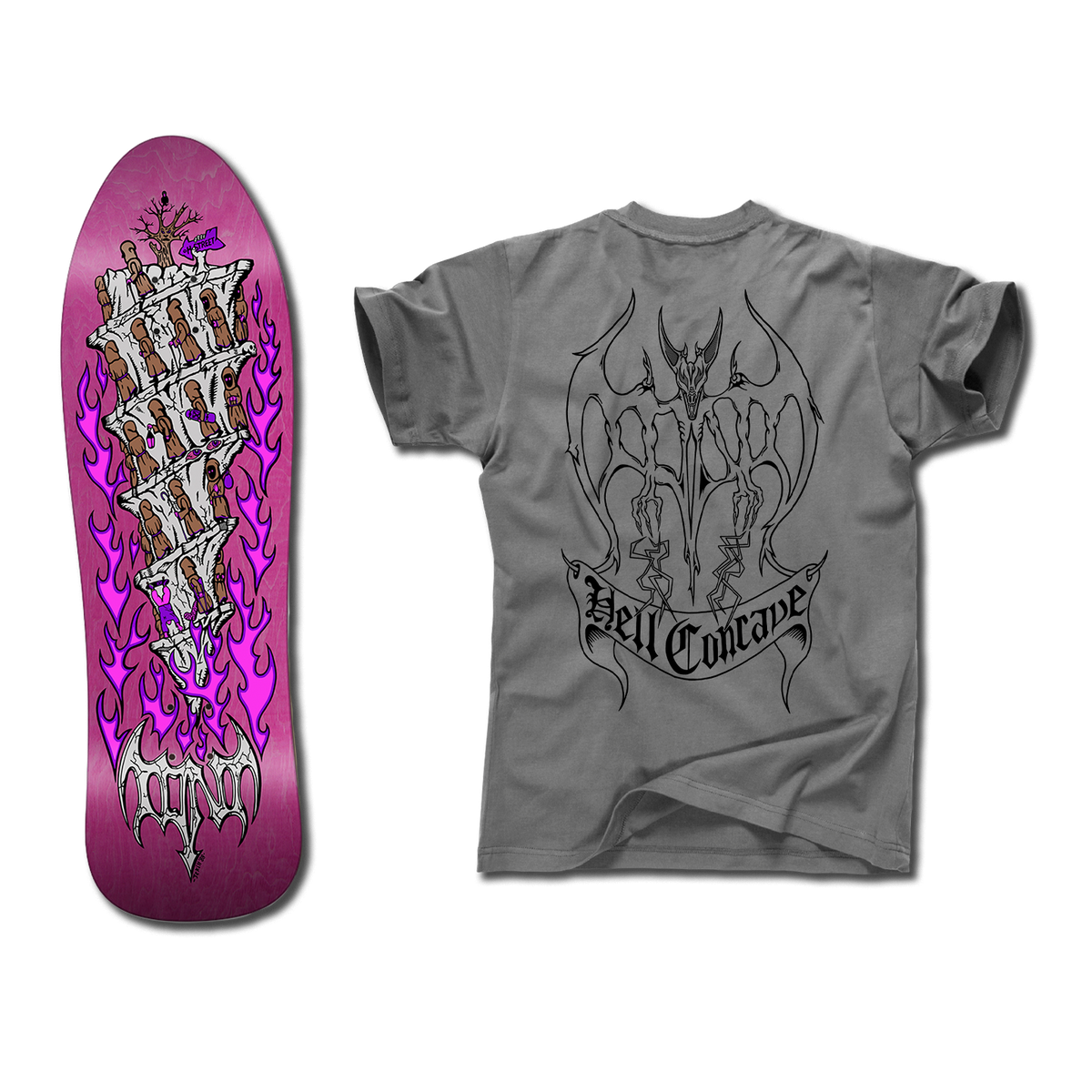 The bottom of a Tony Mag Hell Concave deck with an illustrated bottom in pink and white. The grey t-shirt next to it has an illustrated black outline demon and Hell Concave lettering on the back.