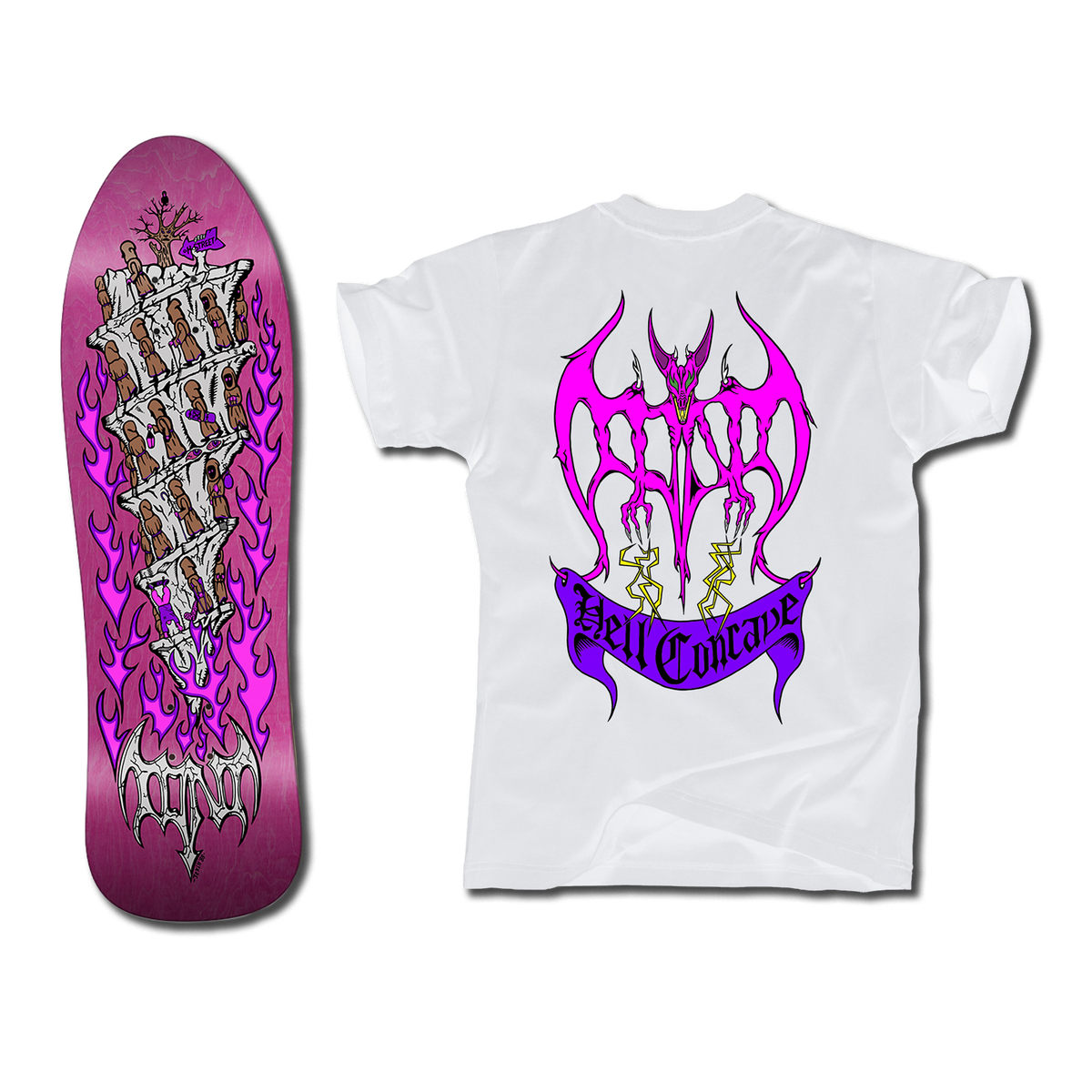 The bottom of a Tony Mag Hell Concave deck with an illustrated bottom in pink and white.
