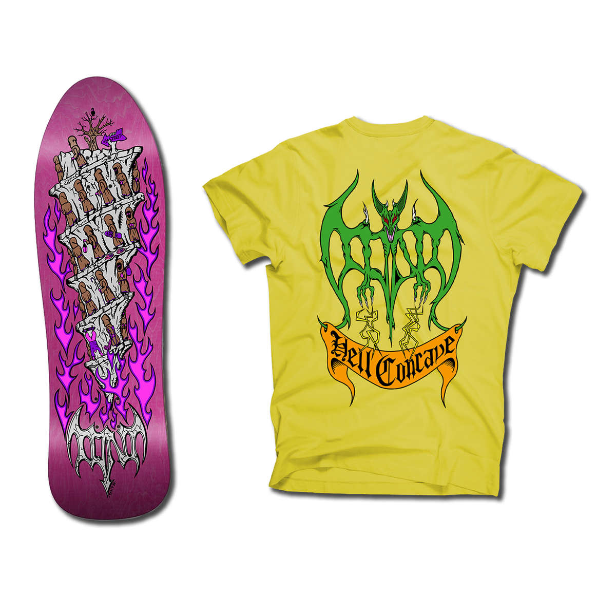 The bottom of a Tony Mag Hell Concave deck with an illustrated bottom in pink and white. The yellow t-shirt next to it has an illustrated green demon and Hell Concave lettering on the back.