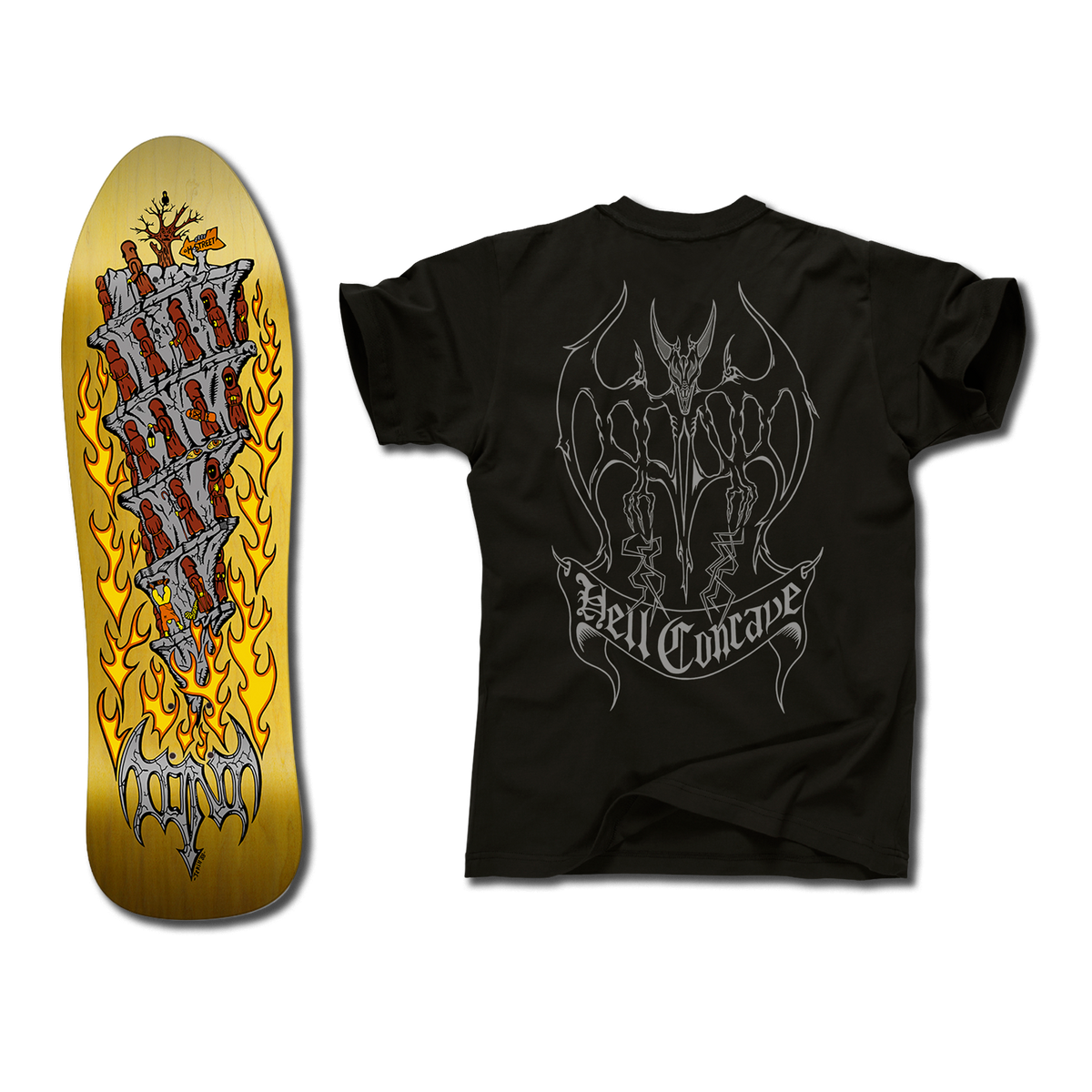 The bottom of a Tony Mag Hell Concave deck with an illustrated bottom in yellow, gray, and red. The black t-shirt next to it has an illustrated grey outline demon and Hell Concave lettering on the back.