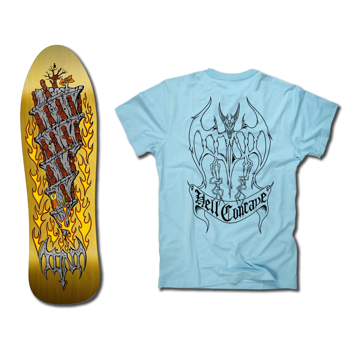 The bottom of a Tony Mag Hell Concave deck with an illustrated bottom in yellow, gray, and red. The blue t-shirt next to it has an illustrated black outline demon and Hell Concave lettering on the back.
