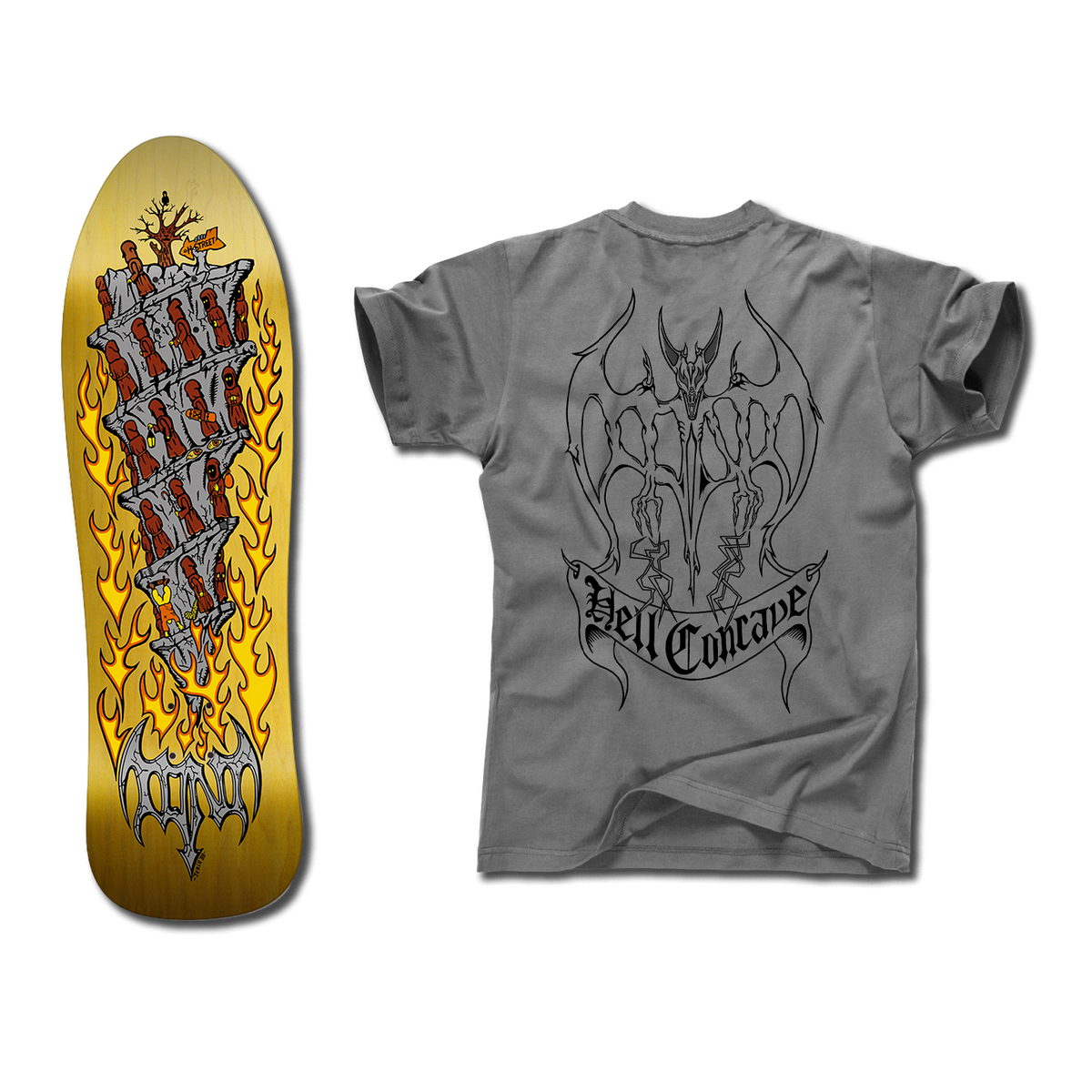 The bottom of a Tony Mag Hell Concave deck with an illustrated bottom in yellow, gray, and red. The grey t-shirt next to it has an illustrated black outline demon and Hell Concave lettering on the back.