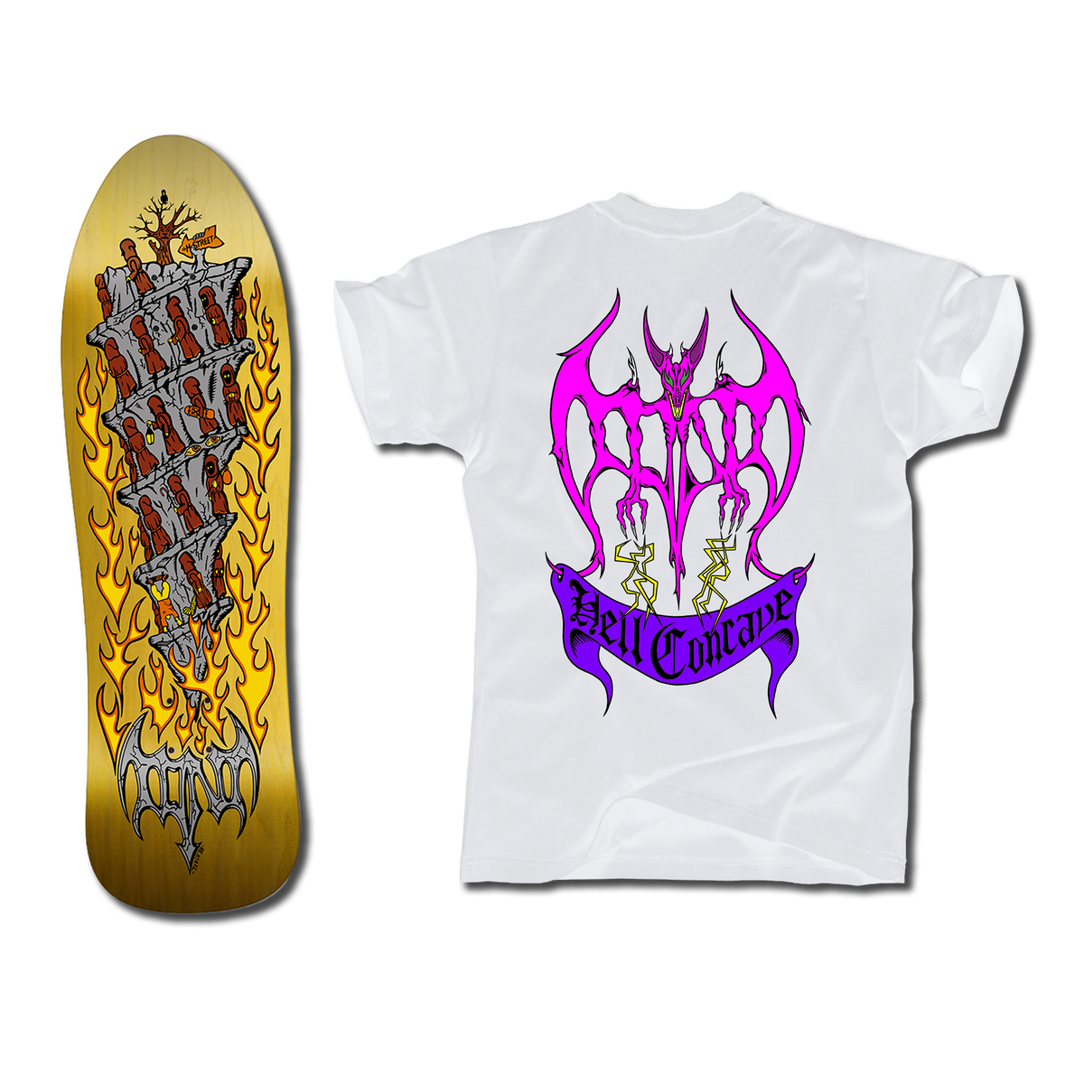 The bottom of a Tony Mag Hell Concave deck with an illustrated bottom in yellow, gray, and red. 