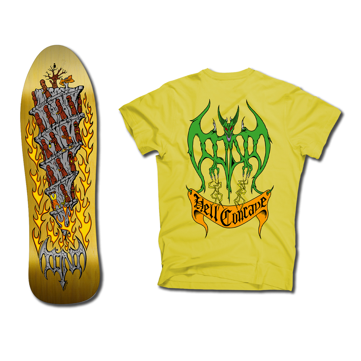 The bottom of a Tony Mag Hell Concave deck with an illustrated bottom in yellow, gray, and red.  The yellow t-shirt next to it has an illustrated green demon and Hell Concave lettering on the back.