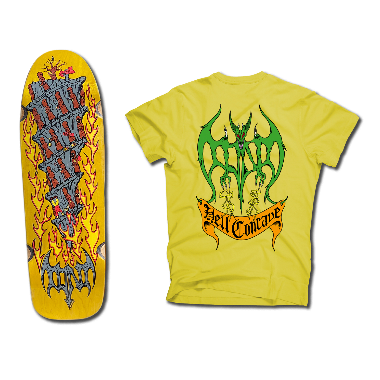 The bottom of a Tony Mag Hell Concave deck with a yellow illustrated bottom. The t-shirt next to it has an illustrated green demon and Hell Concave lettering on the back.