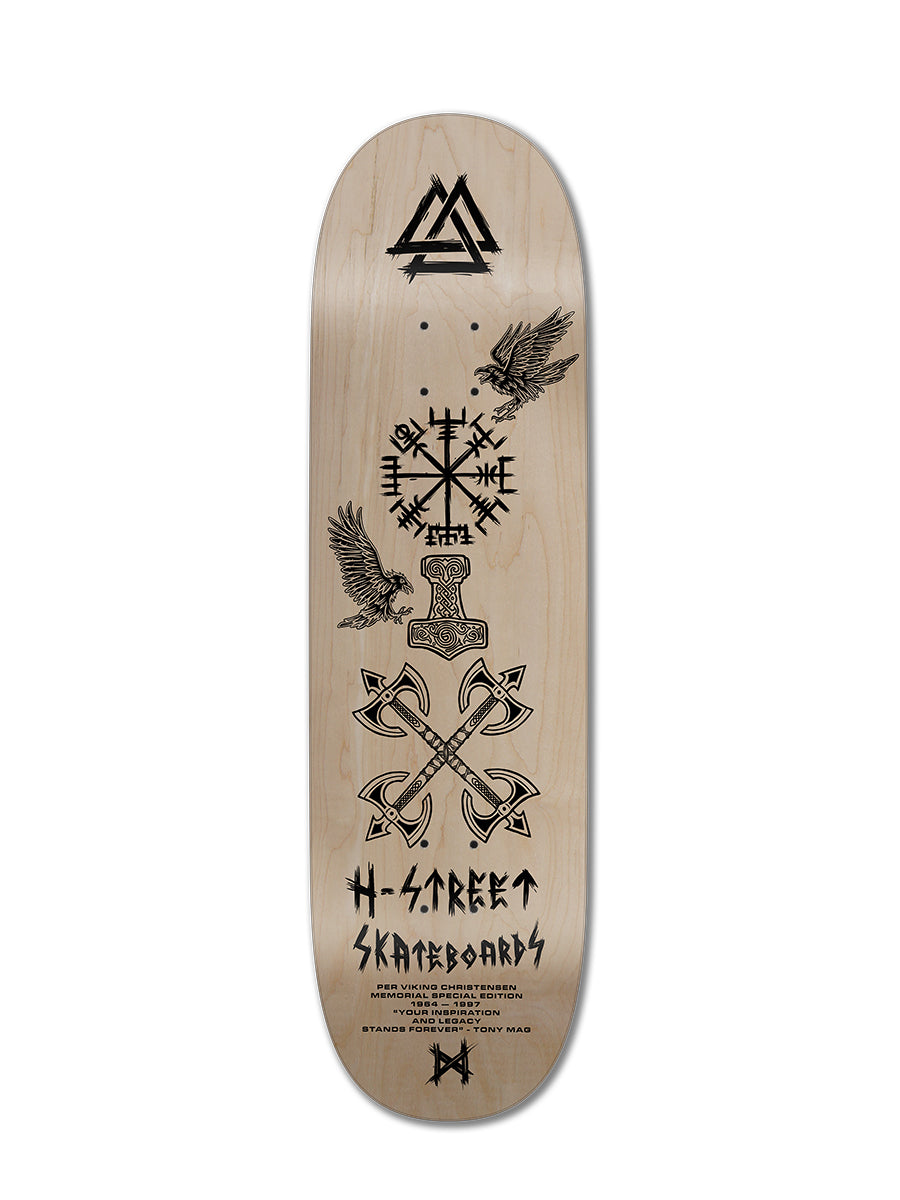 The VIKING ICON ART GRAPHIC skateboard deck by Perfect Skateboarding features black Norse-inspired art—runes, a hammer, birds, and geometric designs—with the Viking Series logo near the bottom. Art by Miguel Villaverde.