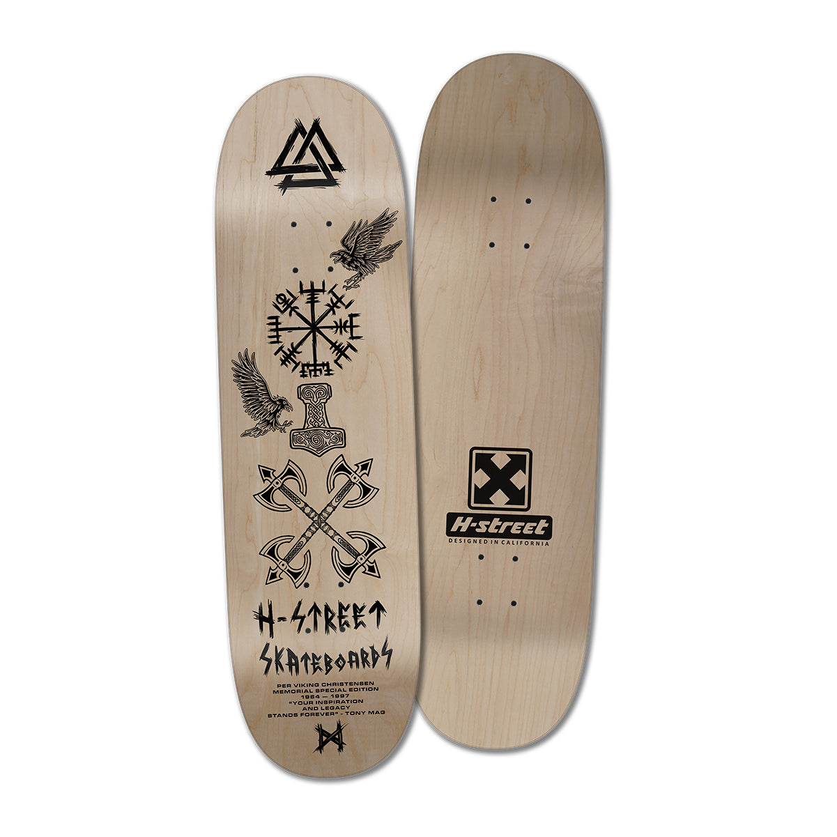 A wooden grain skateboard with various Viking runes and graphics with "H-Street Skateboards' wording.