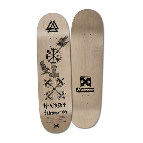 A wooden grain skateboard with various Viking runes and graphics with "H-Street Skateboards' wording.