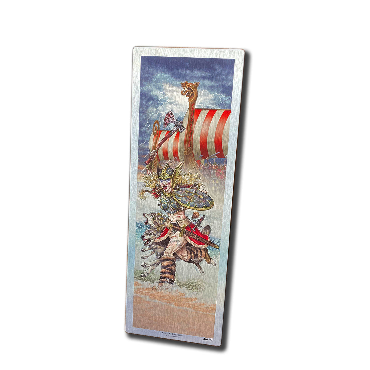 Metal print of a Viking woman running on a beach with armor wielding a shield and hatchet with Viking ships in the background.