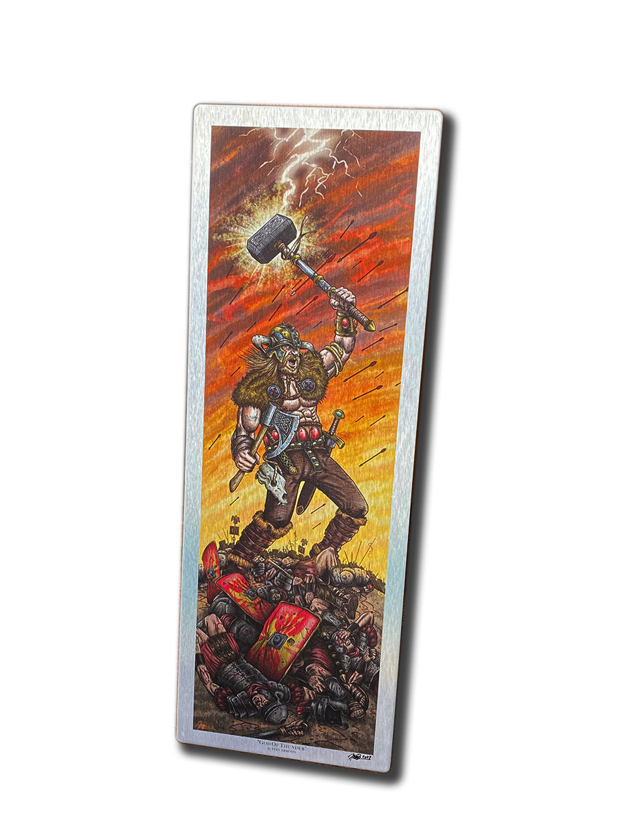 A Viking warrior with a raised hammer stands on fallen foes under a stormy, fiery sky—an epic scene perfect for VIKING METAL ART by Henco North, inspired by Fian Arroyo.