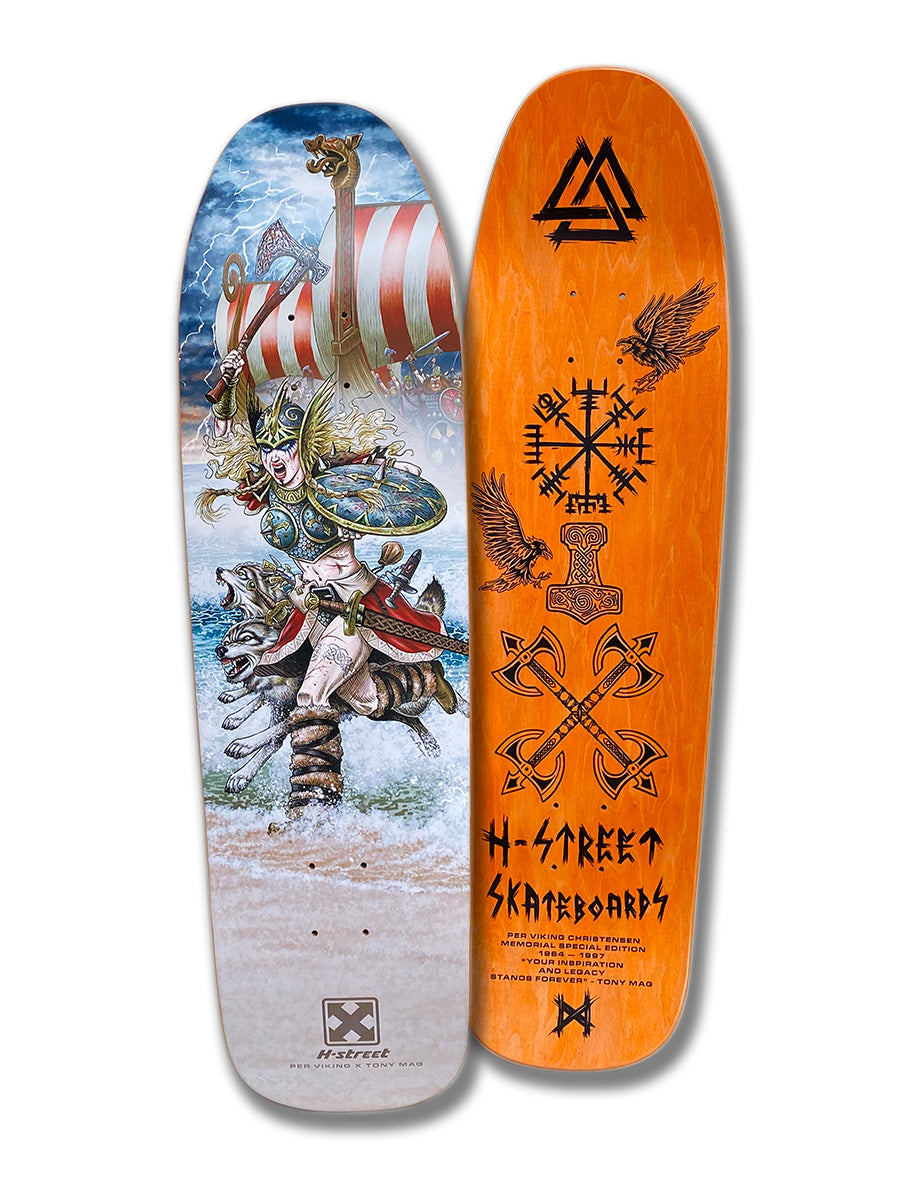 The Woodchuck PER VIKING MEMORIAL SERIES includes two decks: one with Viking warrior, wolf, and ship art, and another in orange with Norse symbols, axes, ravens, and Hi-Street Skateboards text—ideal for Vällingby skaters.