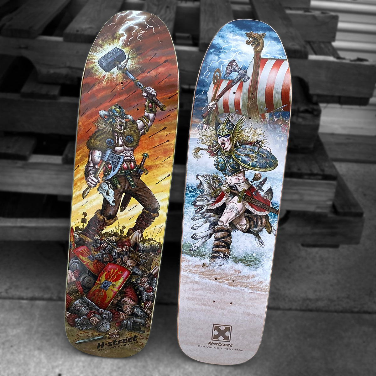 Woodchuck’s PER VIKING MEMORIAL SERIES features two Viking-themed decks: one shows Per Viking defeating a Roman, the other a female Viking with dragon and ship, inspired by Vällingby legends—perfect for skateboarding fans.