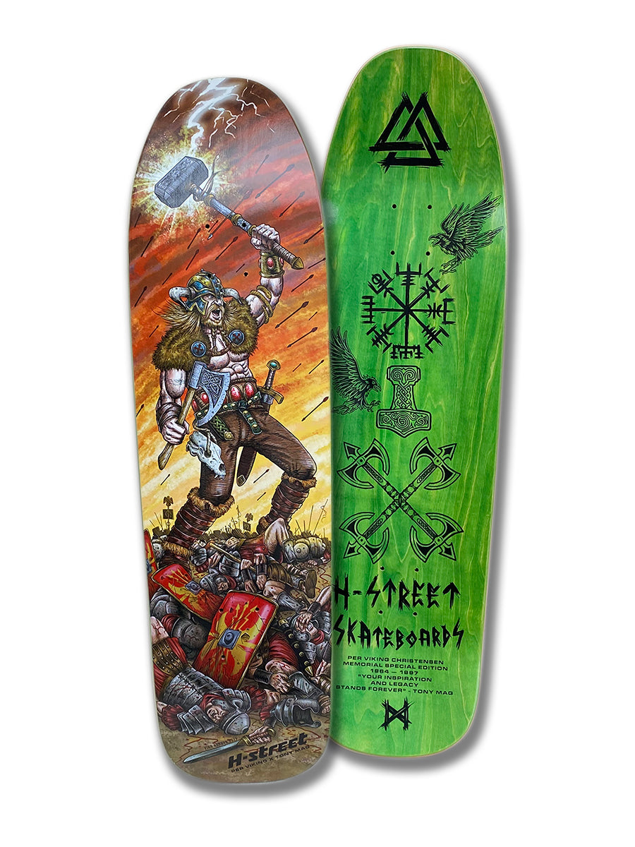 The PER VIKING MEMORIAL SERIES by Woodchuck includes two decks: one with Per Viking, a hammer, and lightning; the other is green with Norse symbols, black geometric designs, and H-Street Skateboards text—ideal for skating in Vällingby.