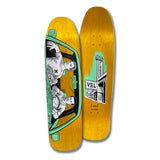 A skateboard deck with a graphic print featuring two individuals in a car in a vintage style illustration, predominantly in yellow, black, and green colors, with the text 'VSL' and the H-Street logo.