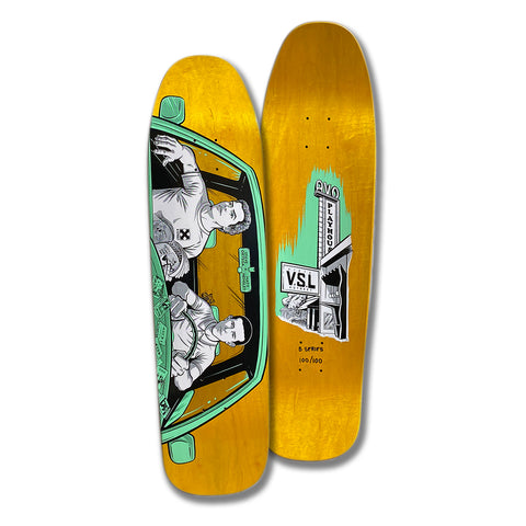A skateboard deck with a graphic print featuring two individuals in a car in a vintage style illustration, predominantly in yellow, black, and green colors, with the text 'VSL' and the H-Street logo.