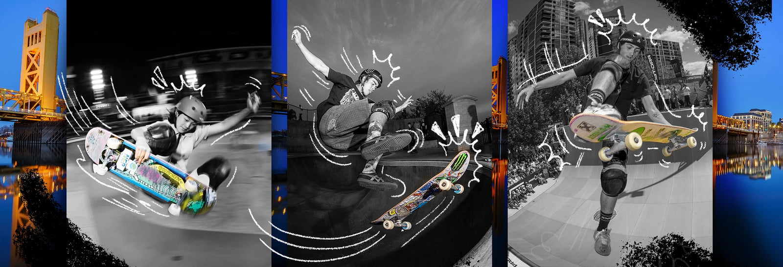 Sacramento cityscape with black and white images of skateboarders with colored skateboards and sketched details.