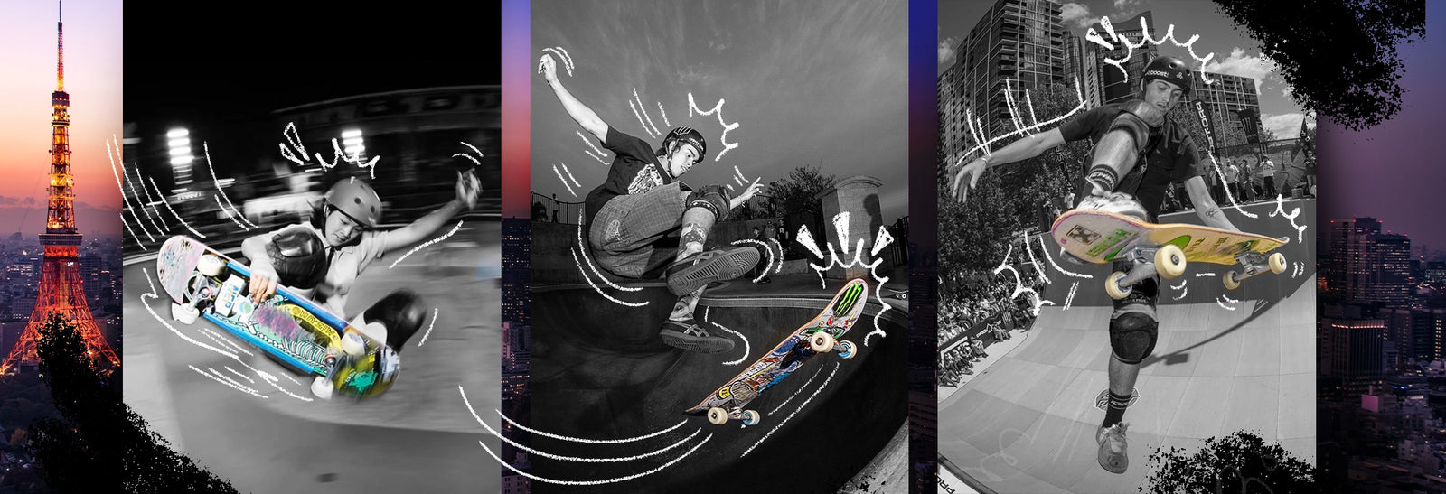 Tokyo cityscape with black and white images of skateboarders with colored skateboards and sketched details.