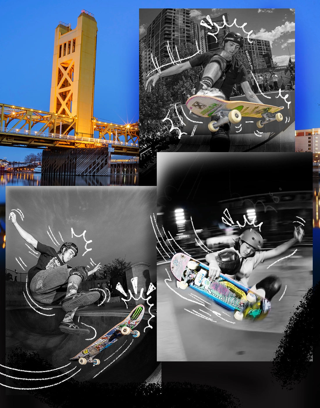 Sacramento cityscape with black and white images of skateboarders with colored skateboards and sketched details.