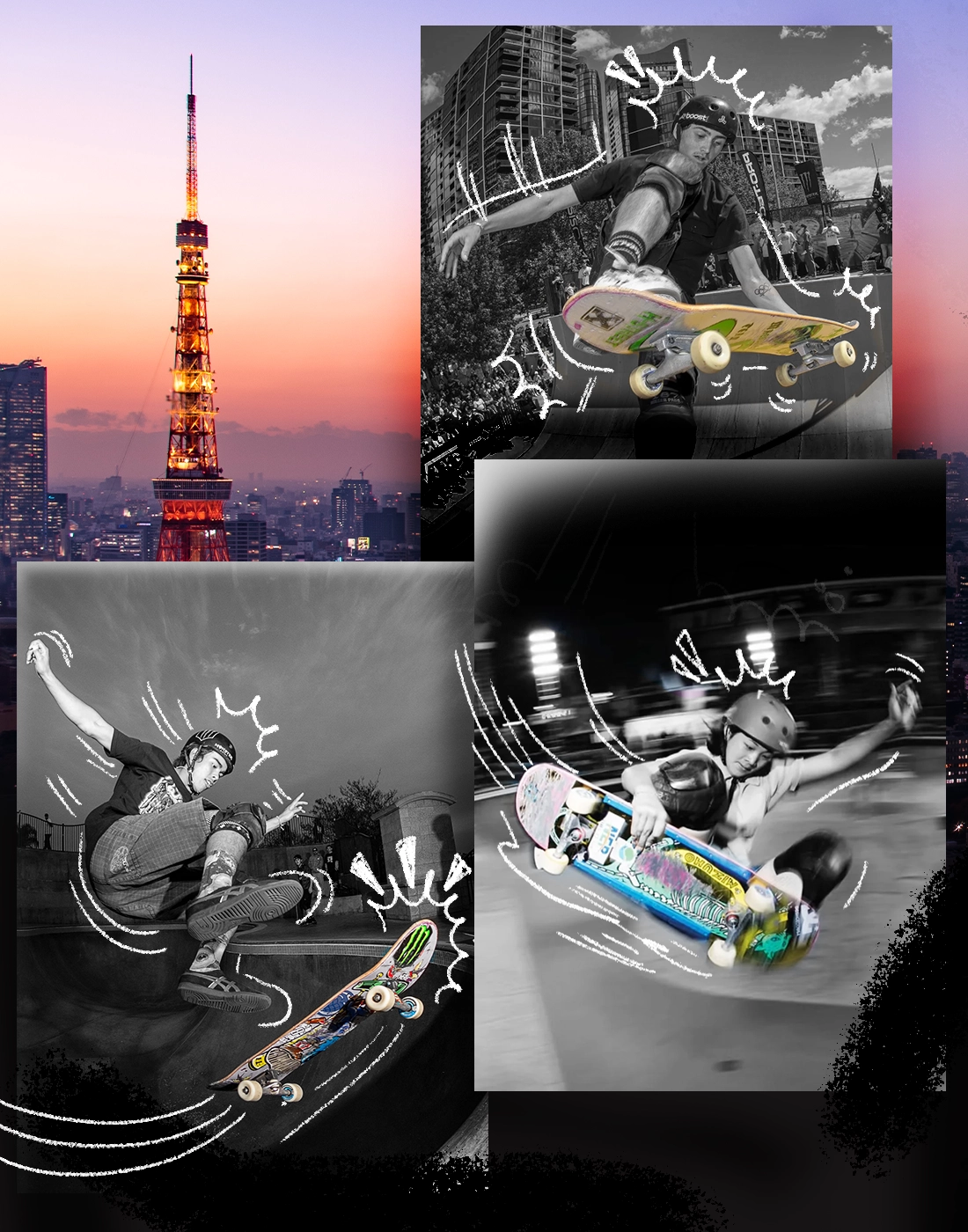 Tokyo cityscape with black and white images of skateboarders with colored skateboards and sketched details.