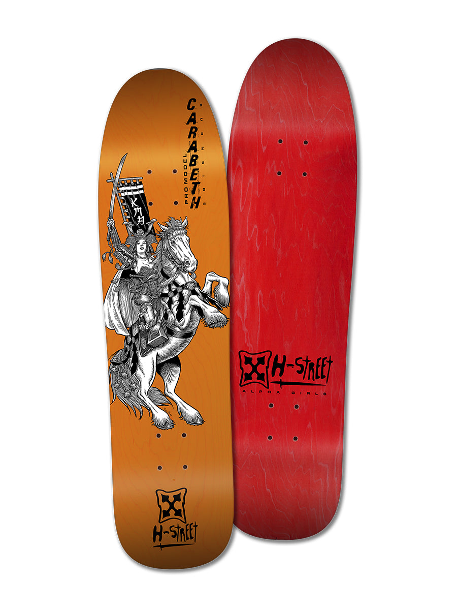Two Woodchuck skateboard decks: the CARABETH WARRIOR featuring girl skater CaraBeth Burnside riding a lion with a flag and her name, and a plain red option. Both display the H-Street logo at the bottom.