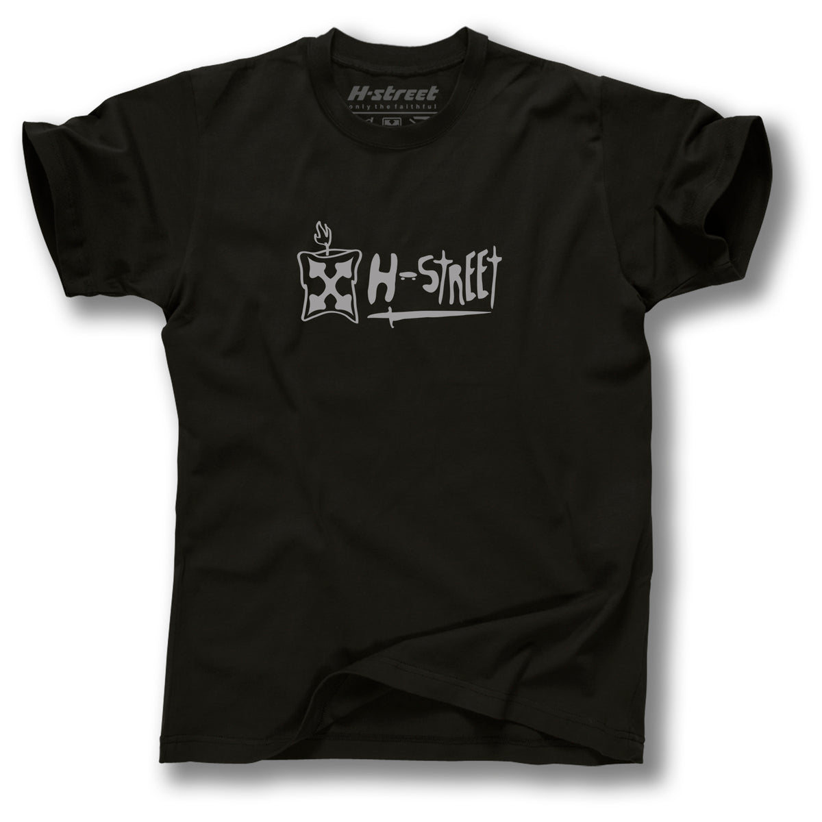 The Minuteman ADDISON SWORD LOGO T-SHIRT is a black tee featuring a white H-Street sword logo and burning candle graphic on the front, inspired by Addison Taylor, with a faint logo on the inside neck label.