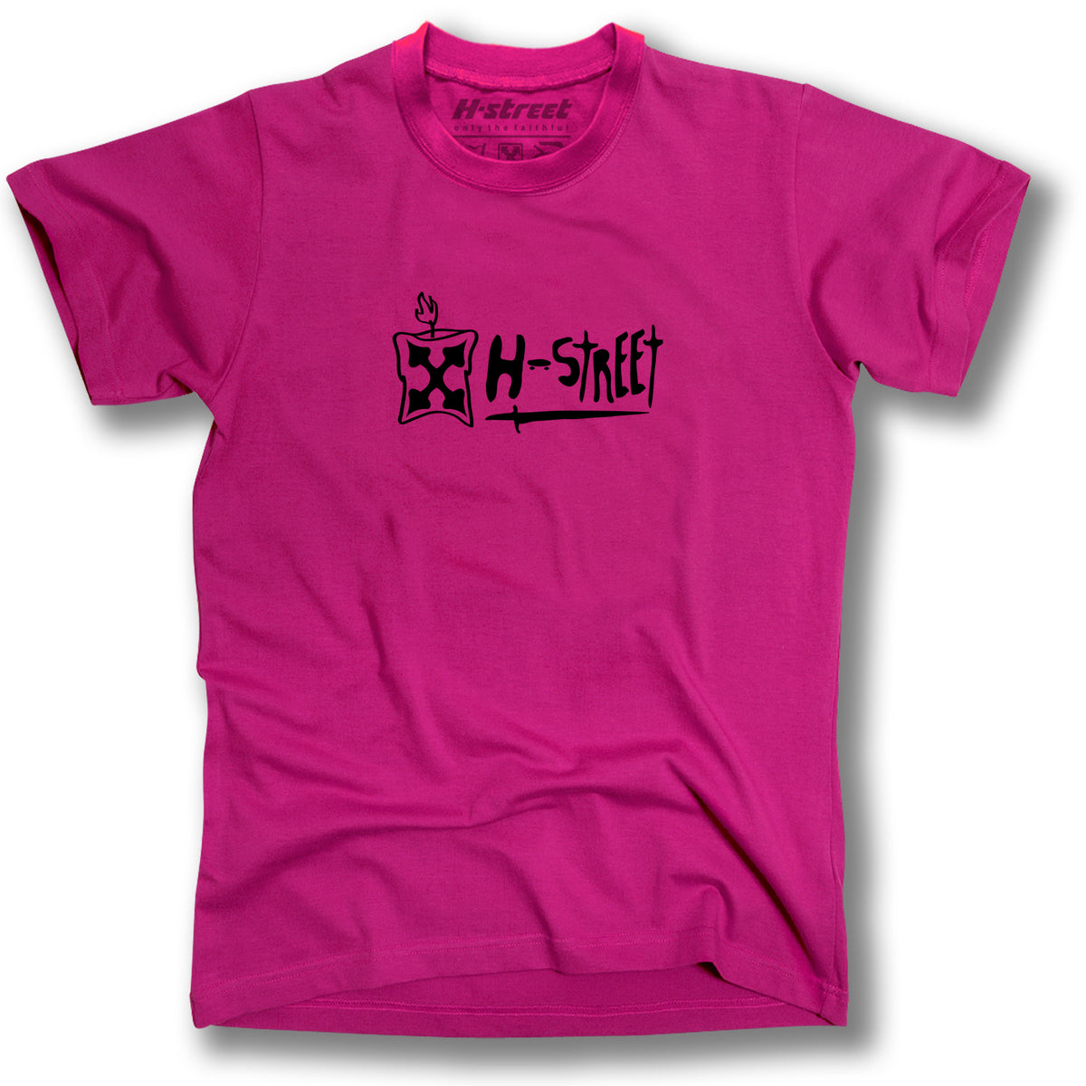 The Minuteman ADDISON SWORD LOGO T-SHIRT is a bright pink tee with a bold black H-Street logo and candle design on the front, featuring short sleeves and a classic crew neckline.