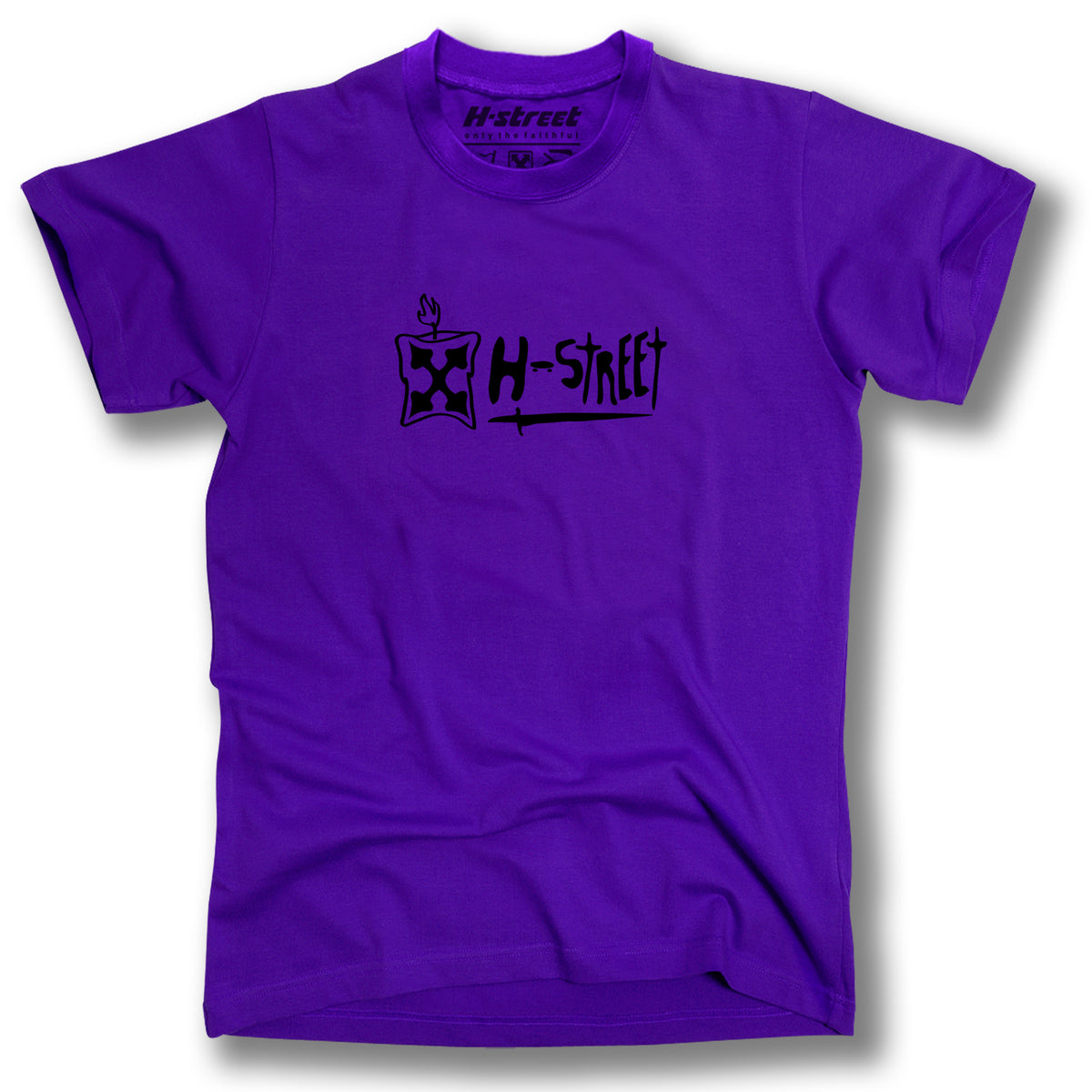 The Minuteman ADDISON SWORD LOGO T-SHIRTS feature a purple design with a black flame-topped square graphic and bold H-Street text on the chest, inspired by Addison Taylor.