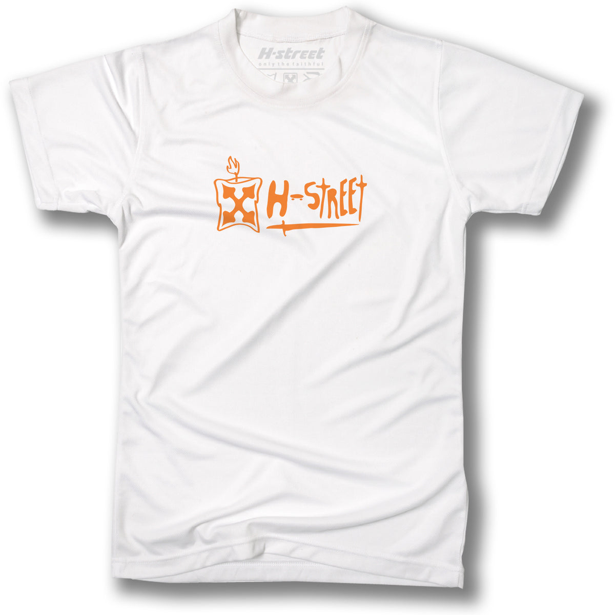 The Minuteman ADDISON SWORD LOGO T-SHIRT showcases a white shirt with orange H-Street text and a stylized Addison Taylor design on the front center.
