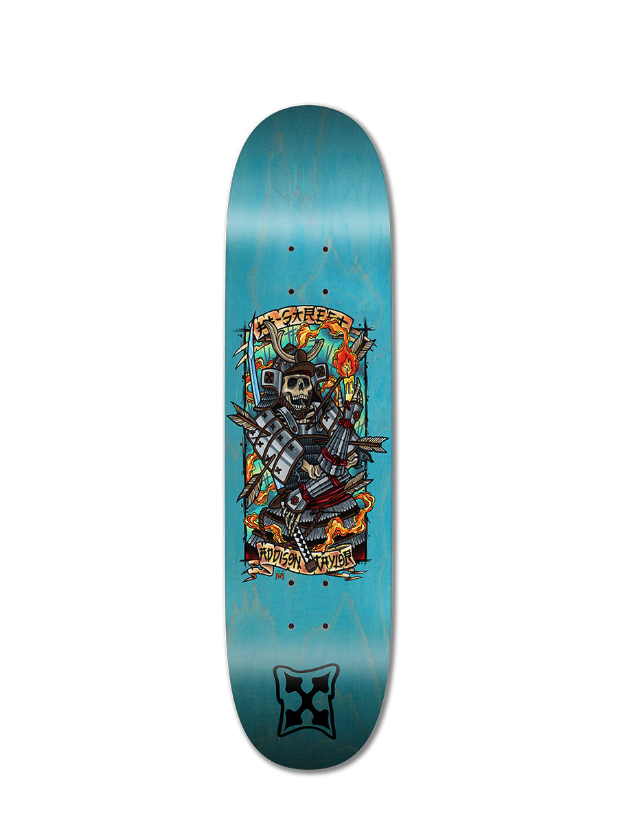 The ADDISON TAYLOR SAMURAI WARRIOR deck from Legend Skates is designed for park and pool skating, featuring vibrant samurai warrior artwork with bold mechanical elements and striking colors.