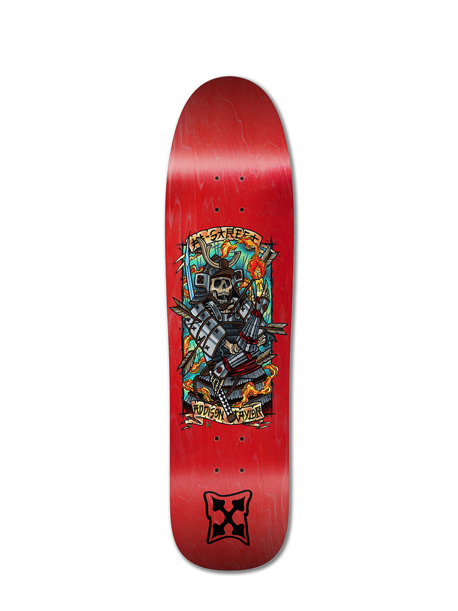 The Legend Skates ADDISON TAYLOR SAMURAI WARRIOR deck is designed for park and pool skating, featuring a central graphic of a samurai knight in armor with sword and shield, plus banners reading Griffin and Killer Player, with a black star near the bottom.
