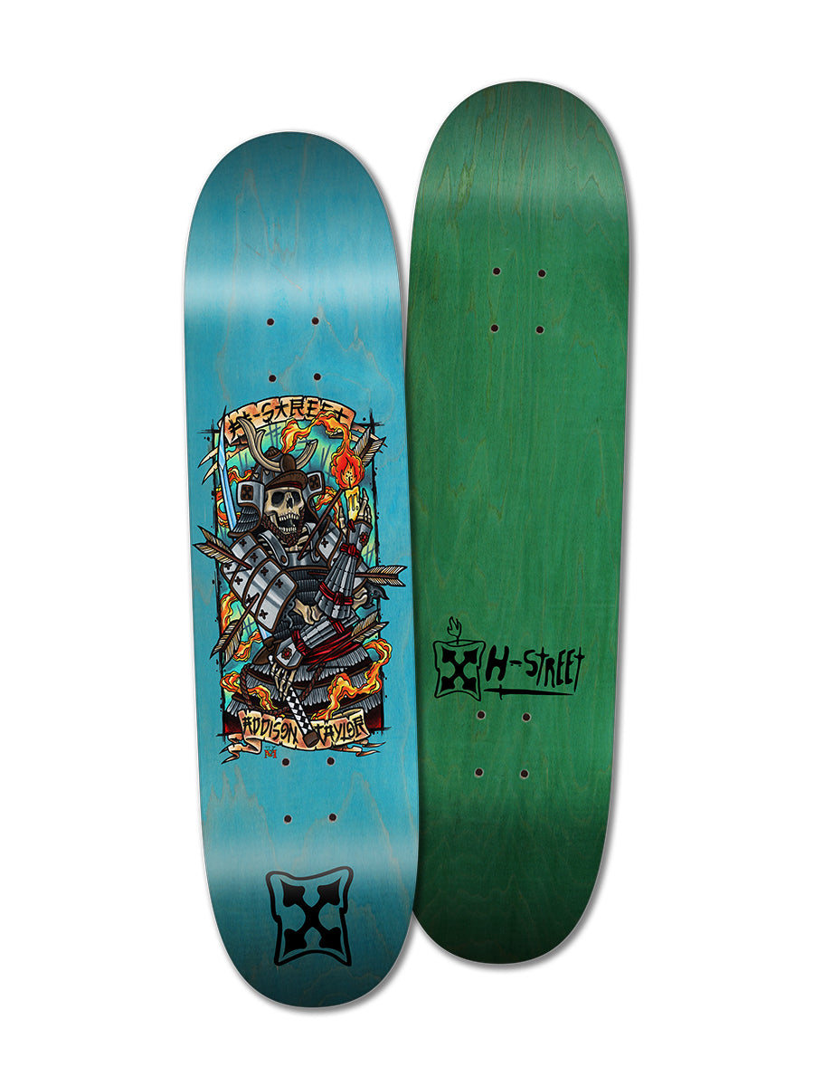 Two skateboard decks: the Legend Skates ADDISON TAYLOR SAMURAI WARRIOR with a vivid skeleton knight graphic, great for park and pool, and a plain green Pop Wedge deck with H-Street logo. Both have rounded edges.