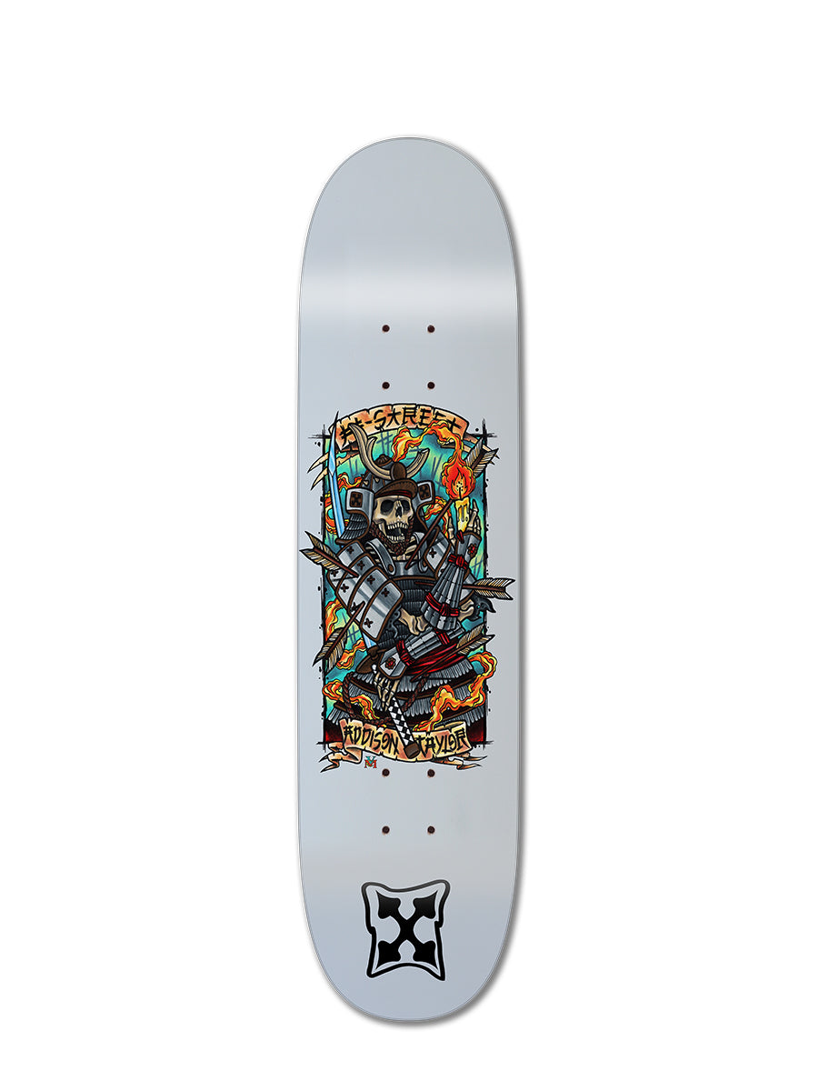 The ADDISON TAYLOR WHITE SAMURAI WARRIOR by Legend Skates is a skate deck with colorful samurai skeleton art, flames, barbed wire, "Creeper" and "Hudson Taylor" text, and a black emblem—part of the H-Street Alpha Girls series.