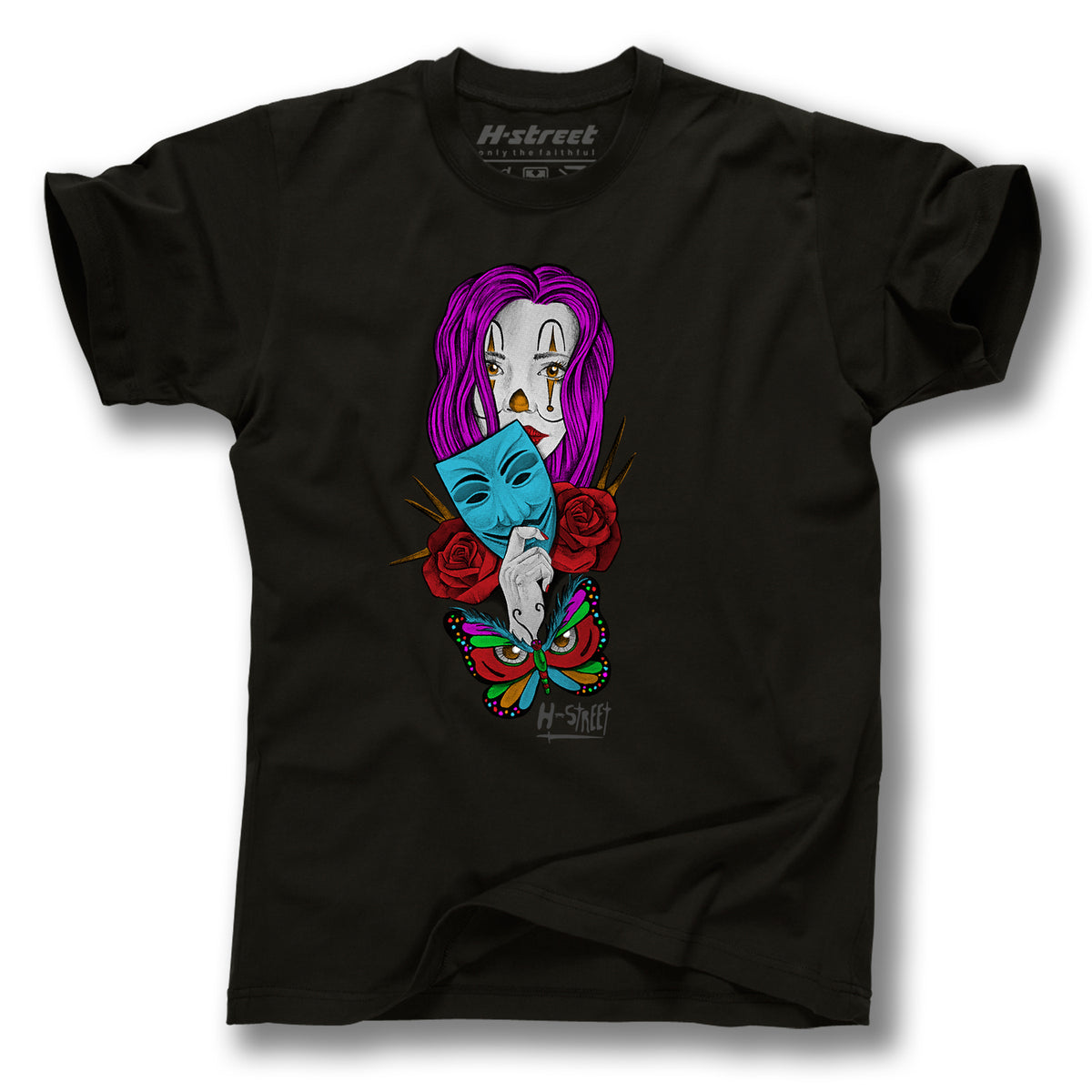 The Minuteman ADDISON TAYLOR DESIGN T-SHIRT features a girl with purple hair holding a blue mask, two red roses, and a colorful butterfly; "H-street" is printed at the bottom.