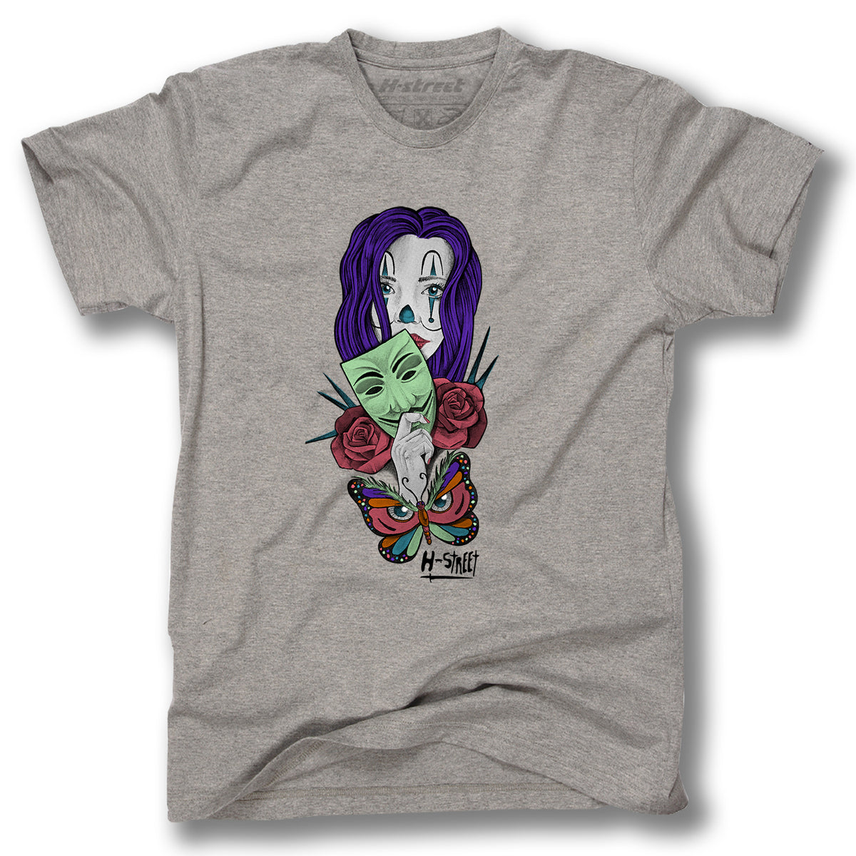 The Minuteman ADDISON TAYLOR DESIGN T-SHIRTS is a gray tee with graphics of a purple-haired girl, butterfly, green mask, red roses, and "Alpha Girls Skateboard" and "H-Street" text below.