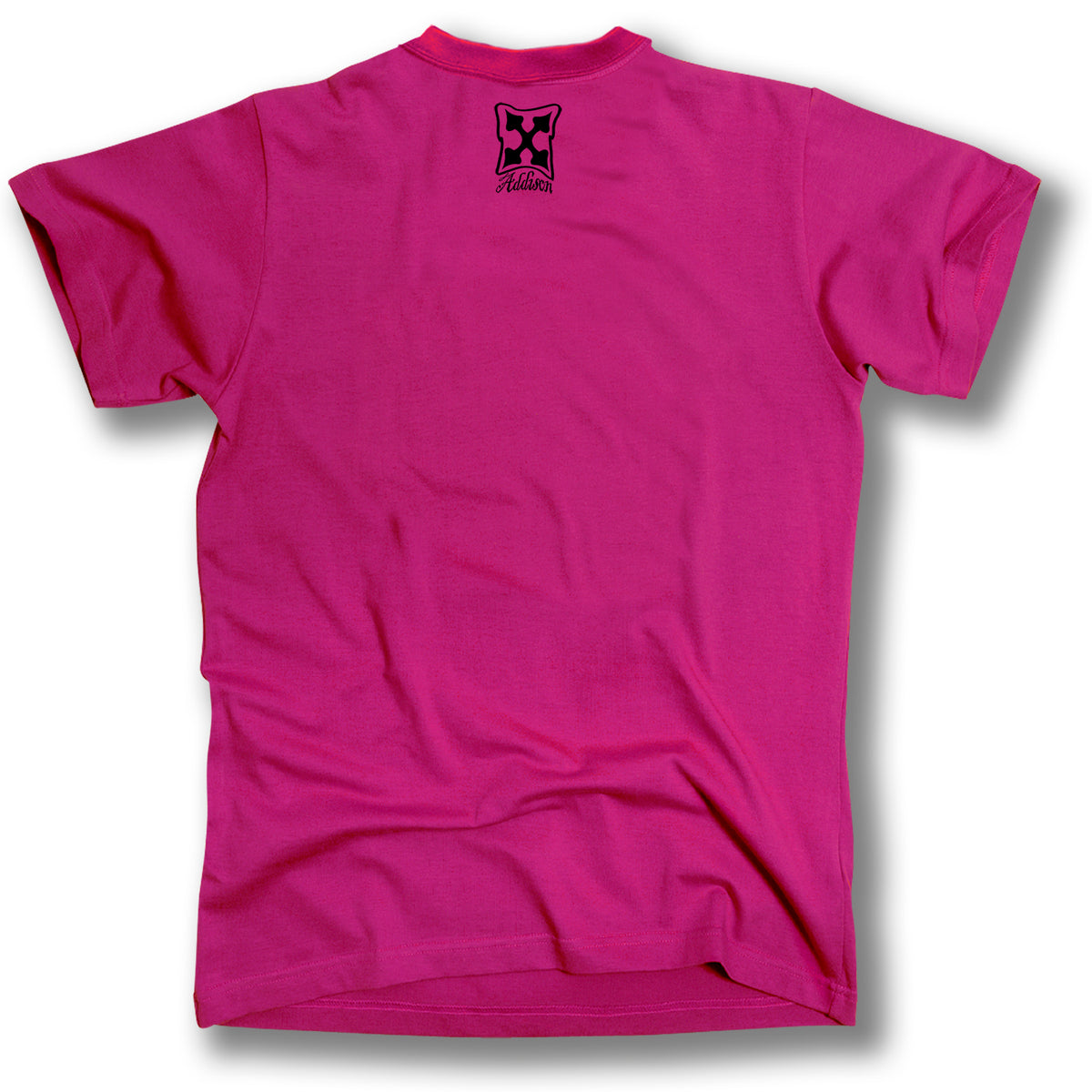 A plain magenta Minuteman ADDISON TAYLOR DESIGN T-SHIRTS short-sleeve, shown from the back, features a small black Addison Taylor graphic and text near the collar.