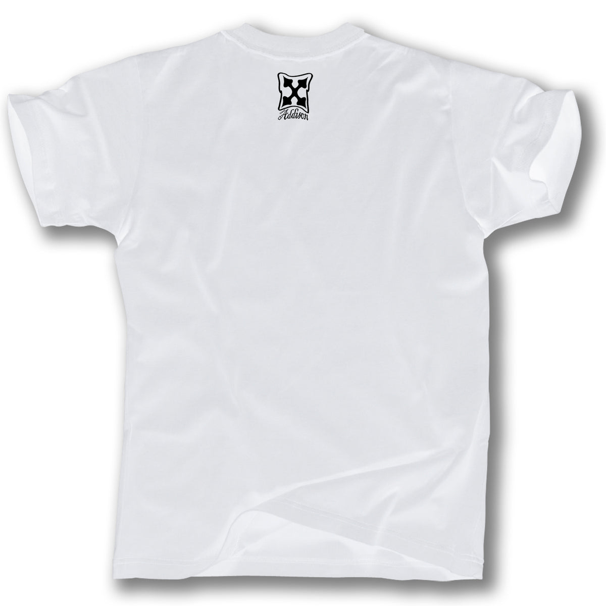 A plain white Minuteman short-sleeve t-shirt shown from the back, featuring a small black geometric logo and "Mishka" below the neckline—perfect to pair with ADDISON TAYLOR DESIGN T-SHIRTS or your favorite Alpha Girls skateboard.