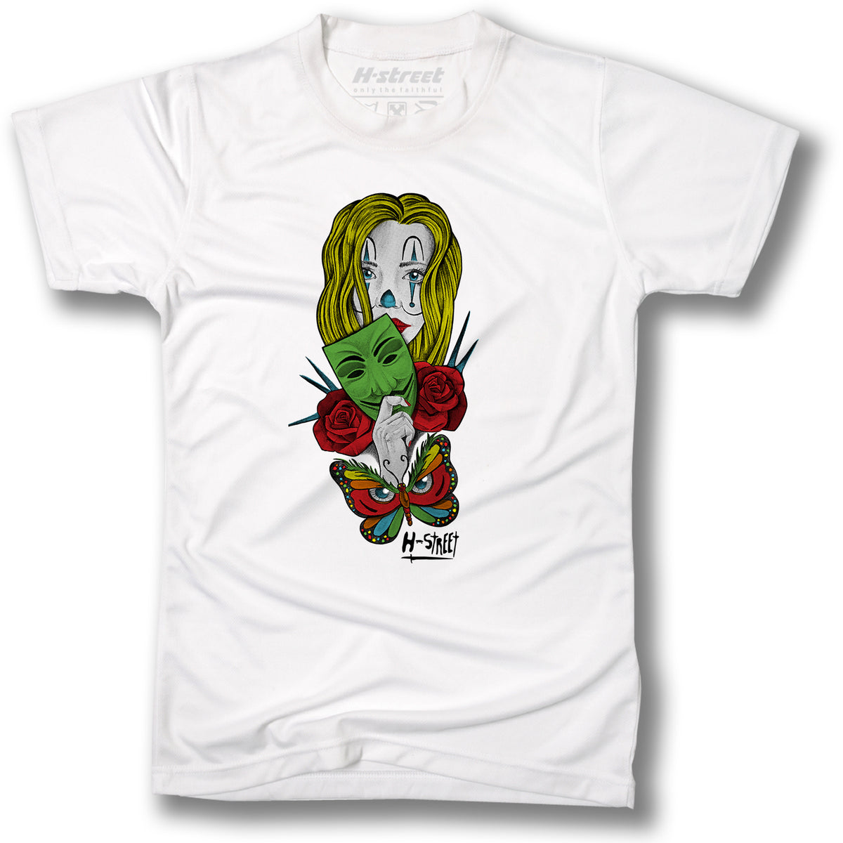 The Minuteman ADDISON TAYLOR DESIGN T-SHIRTS feature a white tee with Addison Taylor graphics: a sad-faced woman with yellow hair, green mask, red roses, girl and butterfly motif, and "H-Street" near the bottom.