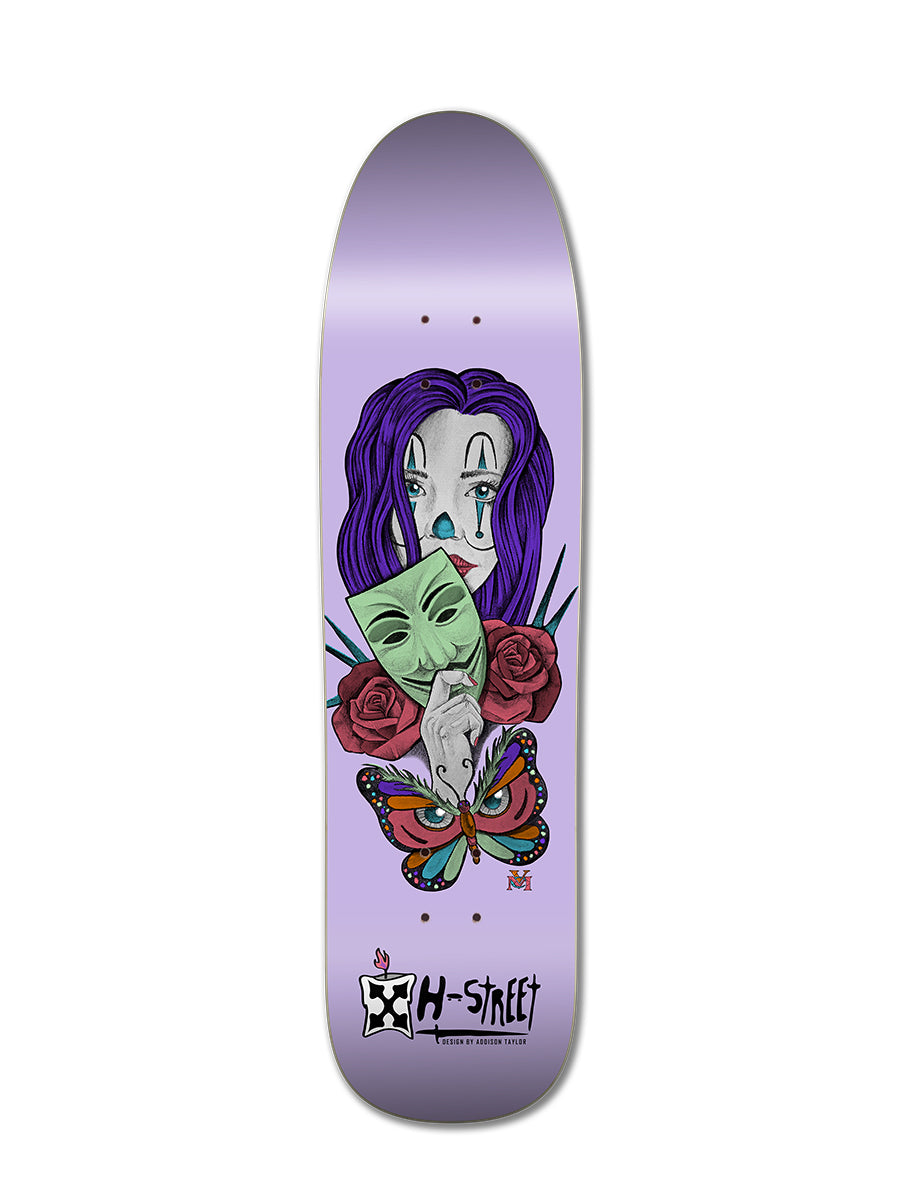 The ADDISON TAYLOR GIRL & BUTTERFLY DESIGN by Legend Skates features a woman with purple hair, a green mask, vivid red roses, and a colorful butterfly below her face, plus Pop Wedge and H-Street logos at the bottom.