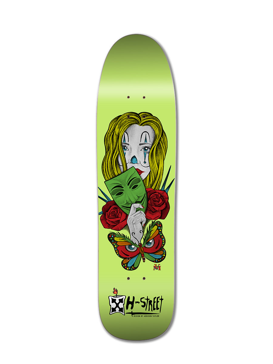 The Legend Skates ADDISON TAYLOR GIRL & BUTTERFLY DESIGN deck showcases a woman with long hair, a green mask, three red roses, and a vibrant butterfly, plus the H-Street Alpha Girls logo at the bottom on a green background.
