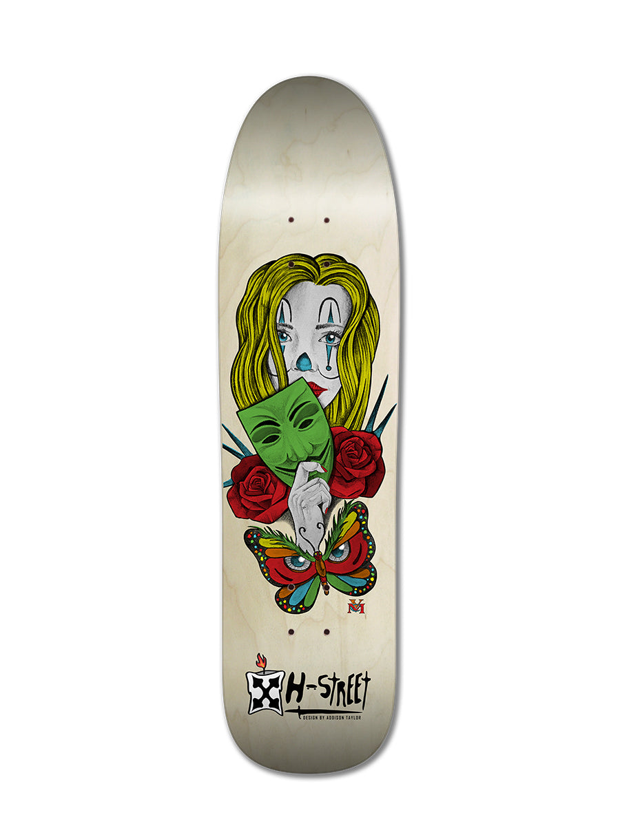 The Legend Skates ADDISON TAYLOR GIRL & BUTTERFLY DESIGN deck features a woman with yellow hair holding a green mask, red roses, and a butterfly. The H-Street logo appears in black at the bottom.