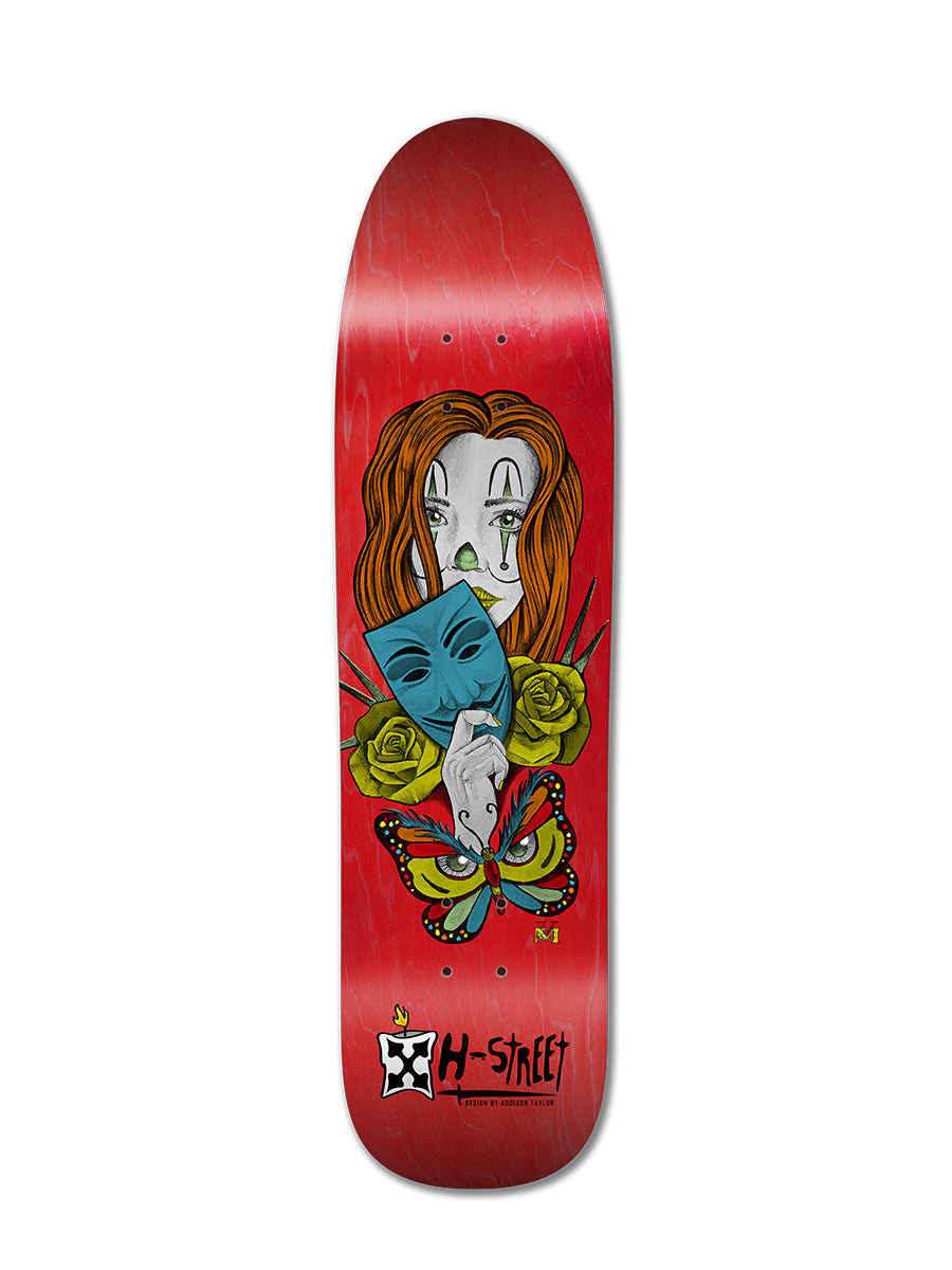 The Legend Skates ADDISON TAYLOR GIRL & BUTTERFLY DESIGN skateboard deck features an illustrated red-haired woman with a blue mask, yellow roses, and a vibrant butterfly, plus the H-Street logo at the bottom.