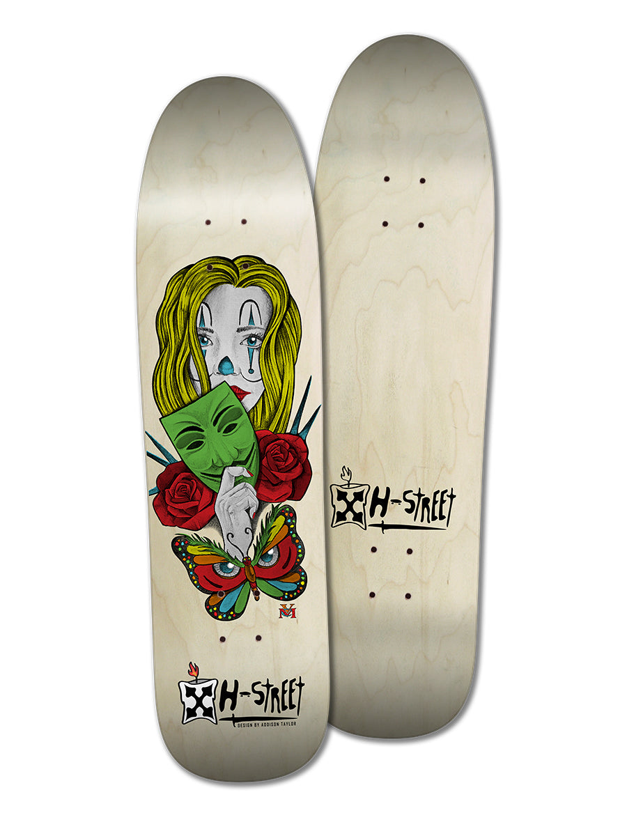 Two skateboard decks: one is the Legend Skates ADDISON TAYLOR GIRL & BUTTERFLY DESIGN, and the other is a plain wood board with the H-Street logo.