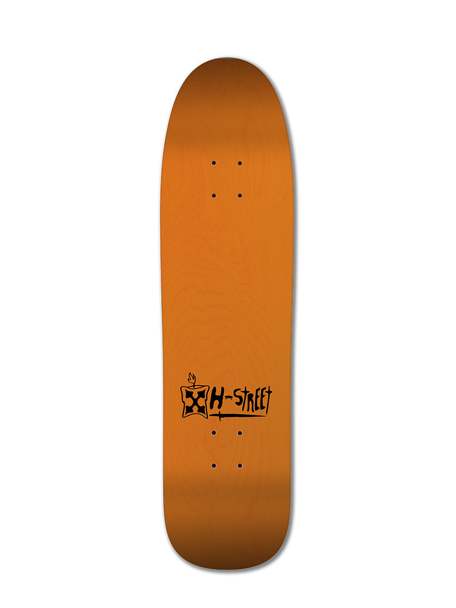 An orange wooden ADDISON TAYLOR GIRL & BUTTERFLY DESIGN skateboard deck by Legend Skates, featuring black logo and text near the bottom, is photographed against a plain white background.