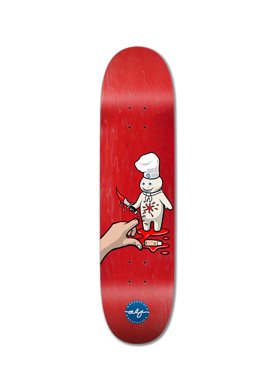The ALPHONZO RAWLS - WICKED DOUGH BOY deck from Perfect Skateboarding is red, featuring a hand with scissors cutting open a white dough character spilling red liquid, and includes a blue logo at the bottom.