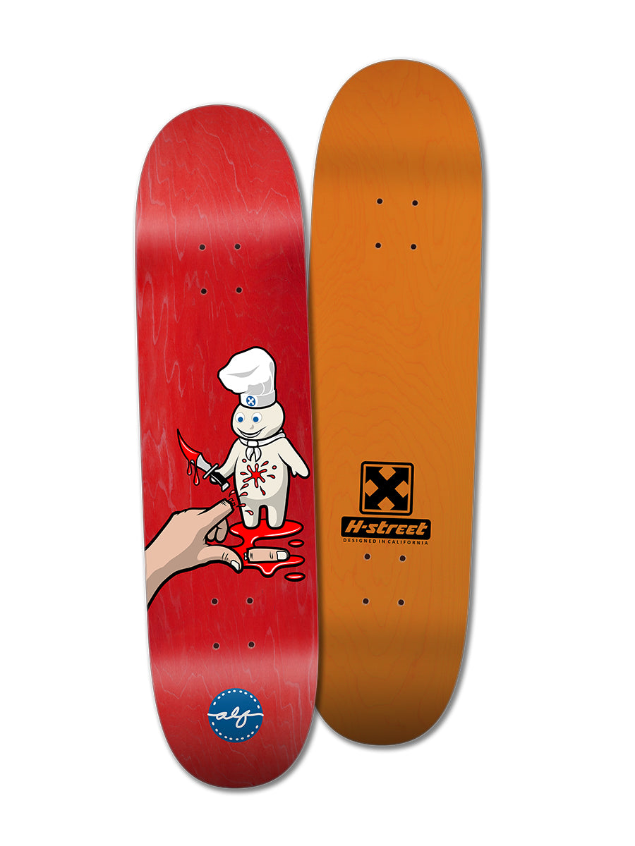 The Perfect Skateboarding ALPHONZO RAWLS - WICKED DOUGH BOY features a red deck with hand stabbing doughboy artwork by Alphonzo Rawls, plus an orange deck with the H-Street logo in black. Both have rounded noses and tails.