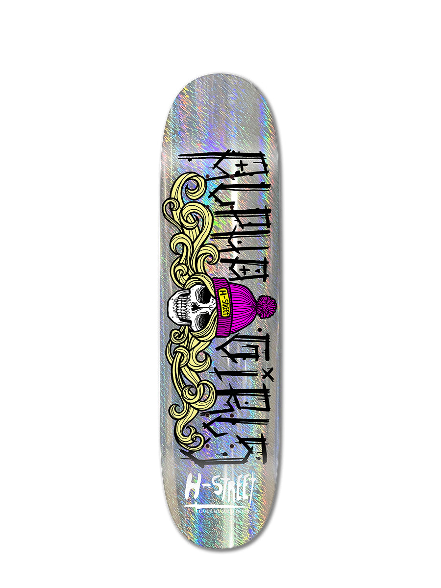 The ALPHA GIRLS BEANIE BABE skateboard deck by Perfect Skateboarding has a holographic background with a skull in a magenta beanie, yellow and black swirls, graffiti text above, and the H-Street Alpha Girls logo at the bottom.