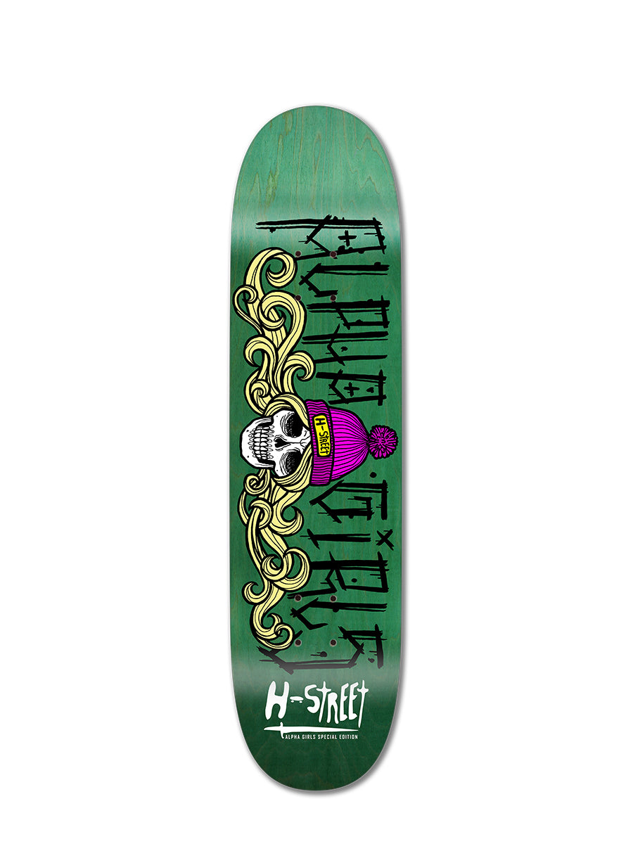 The ALPHA GIRLS BEANIE BABE skateboard deck by Perfect Skateboarding features a green base, stylized skull in a pink beanie, yellow scrollwork, graffiti text, and bold design by Miguel Villaverde.
