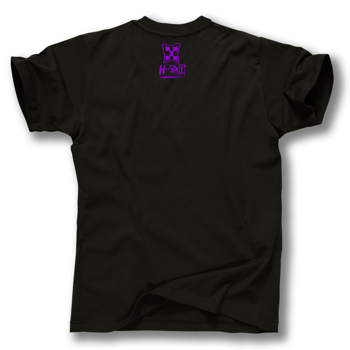 A Minuteman ALPHA BEANIE BABE DESIGN T-SHIRT in black, short sleeves, shown from the back with a small purple graphic and "H-Street" text near the upper center below the collar.