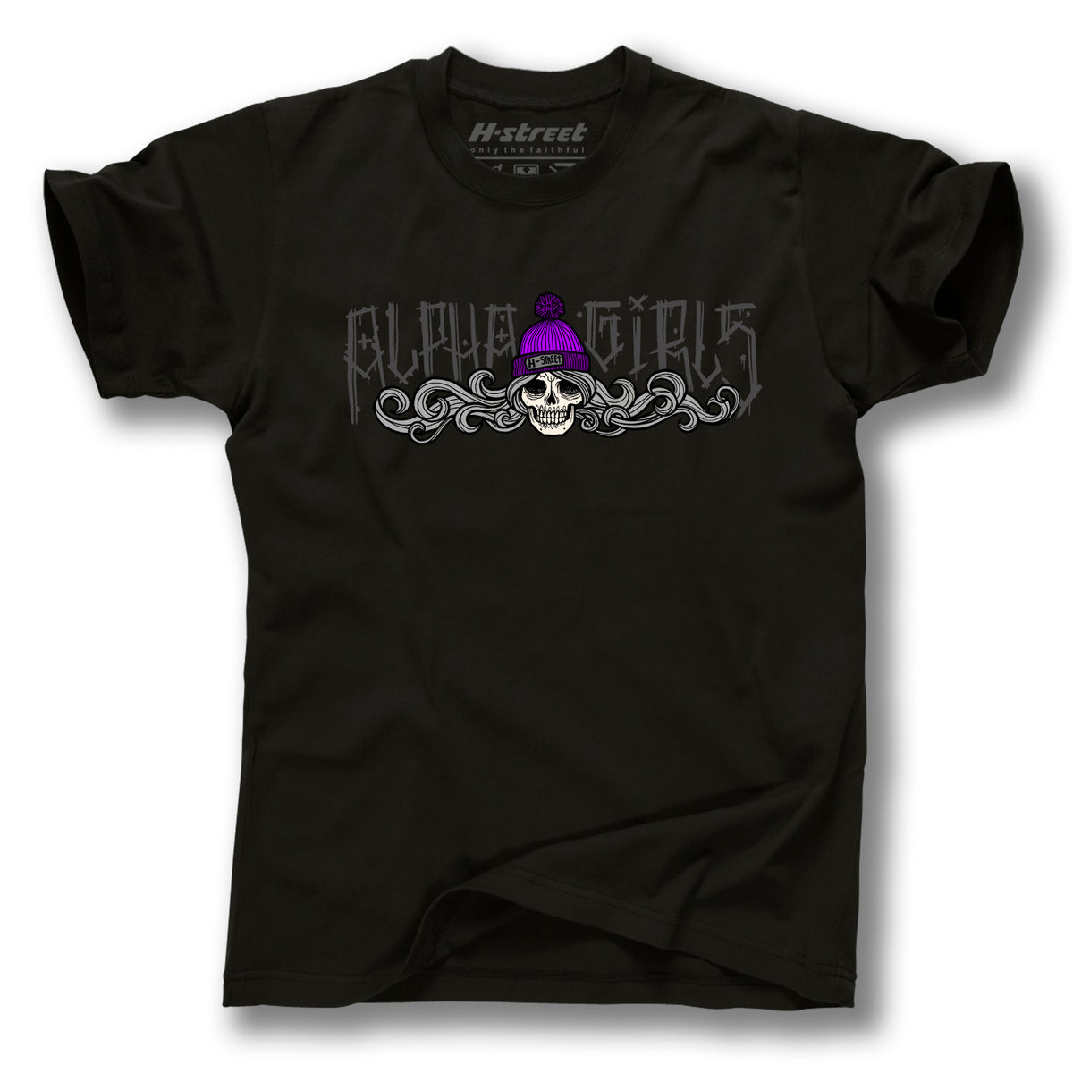 The ALPHA BEANIE BABE DESIGN T-SHIRT by Minuteman features Black art-inspired skull graphics, a purple beanie, ornate swirls, and "Pupa Girls" in Gothic script—ideal for skateboard crews or trendy Alpha Beanie Babes.
